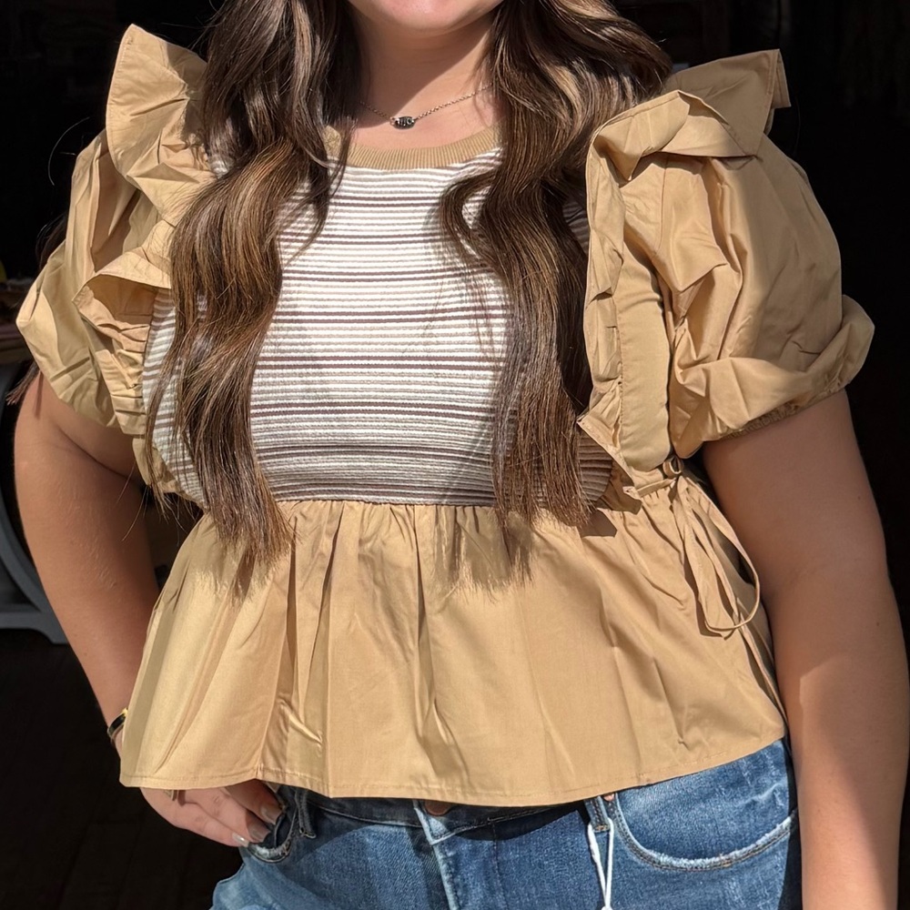 Main Strip Tan and Cream Ruffle Blouse